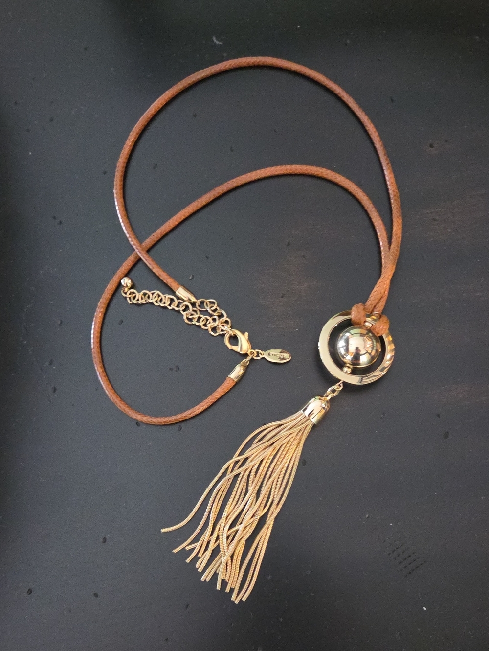 Chico's Brown Cord Necklace with Gold Orb and Tassel Pendant